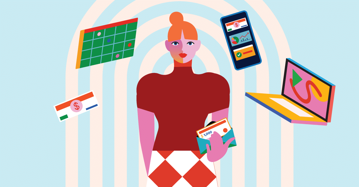 Illustration of a person surrounded by a calendar, a phone, a laptop, a bank card, and currency representing financial planning and On-Demand Pay through technology.