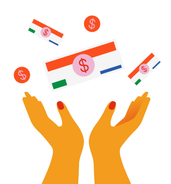 Illustration of two hands catching falling currency notes with dollar signs and circular coins.