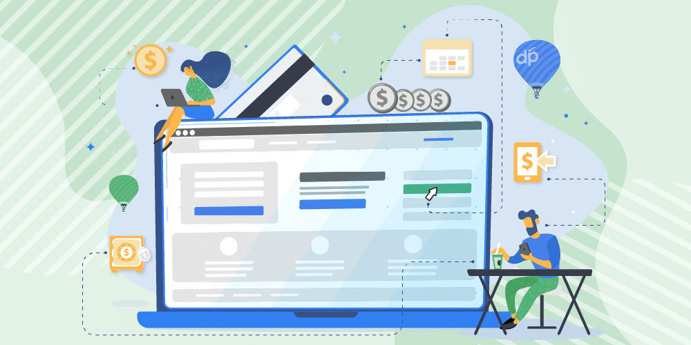 Illustration of a large laptop screen with business elements such as dollar signs, graphs, and people working on technology-related tasks. Blue and green colors dominate the background with data visuals.