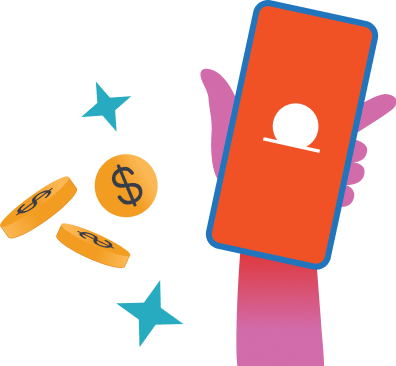 Illustration of a hand holding a smartphone with a white icon on a red screen, yellow coins with dollar signs, and blue stars.