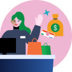 Illustration of a cashier at a counter with shopping bags, a payment card, and a money bag symbolizing a financial transaction.