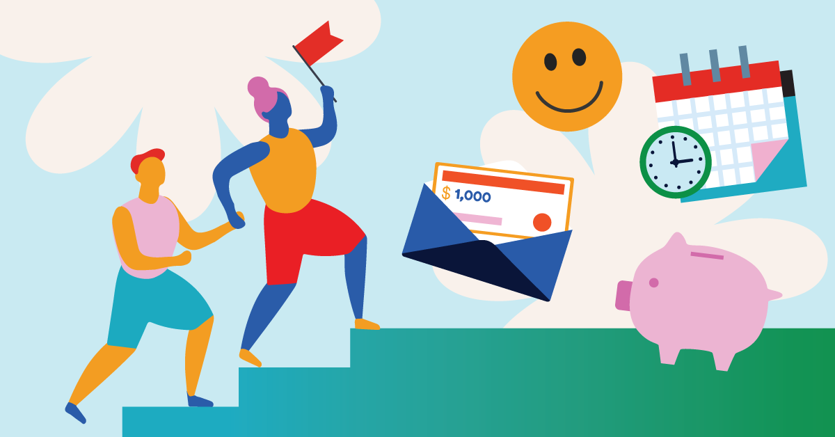 Illustration of two people climbing stairs towards a piggy bank, with symbols of financial reward, a calendar, clock, and a smiley face.