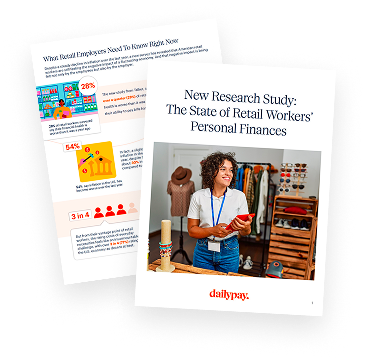 Two research report pages, one showing retail worker statistics and the other featuring a smiling retail worker in a store, titled “New Research Study: The State of Retail Workers’ Personal Finances.”.