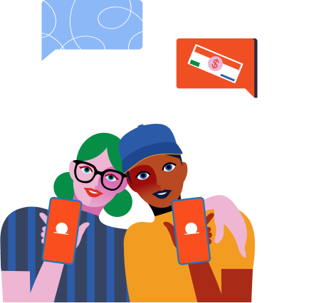 Two people smiling and holding up smartphones with contact icons on the screens; a credit card and abstract shapes appear in the background.