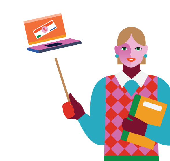 Illustration of a woman holding folders and pointing to a floating laptop displaying a dollar sign and checklist on the screen.