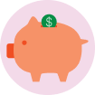 Illustration of a pink piggy bank with a green coin inserted at the top, set against a light pink background.