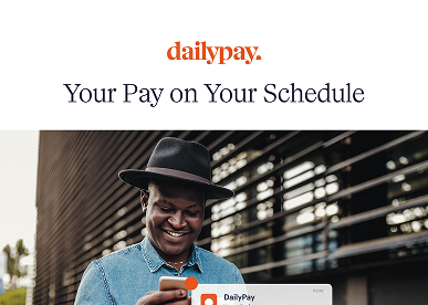 A person wearing a hat smiles while looking at their phone, with the text "dailypay. Your Pay on Your Schedule" displayed above.