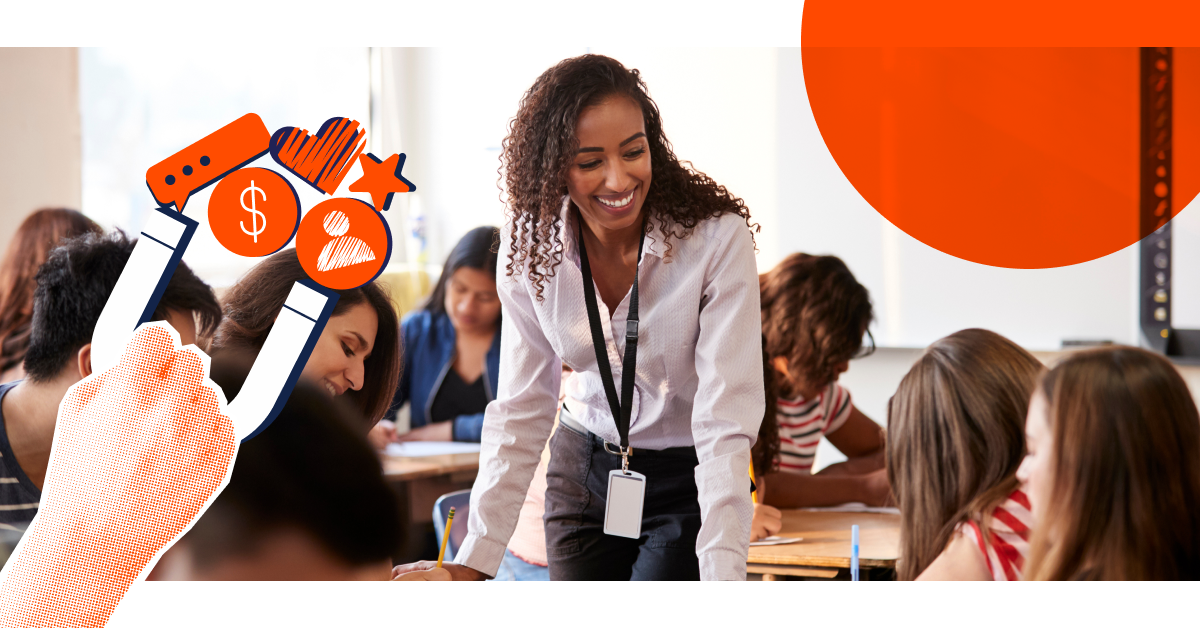 A teacher with a lanyard smiles while engaging with students in a classroom; illustrated graphics of a magnet and icons overlay the image.