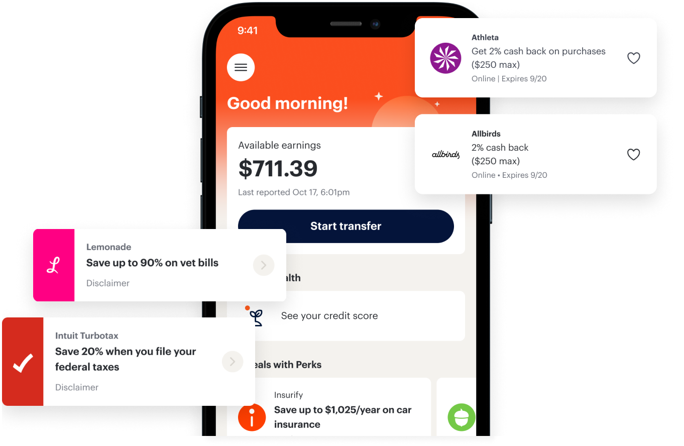 A smartphone screen shows an earnings balance of $711.39 with various cash back and discount offers from companies like Lemonade, Athleta, Allbirds, and TurboTax displayed.