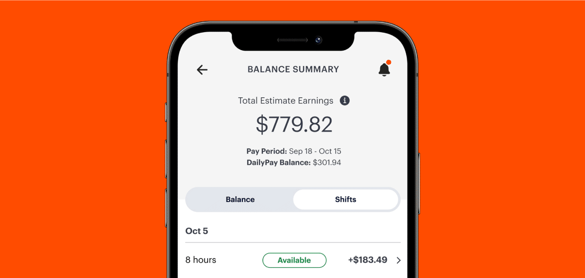 A smartphone screen displays a balance summary with total estimated earnings of $779.82 for the pay period Sep 18 - Oct 15, and a DailyPay balance of $301.94. Two tabs: "Balance" and "Shifts.