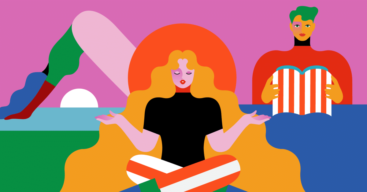 Abstract illustration of a person with long hair meditating in the center, surrounded by vibrant shapes and colors. In the background, another person reads a book.
