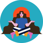 Illustration of a person with long hair sitting cross-legged, meditating with palms up, in front of an orange circle on a blue background.