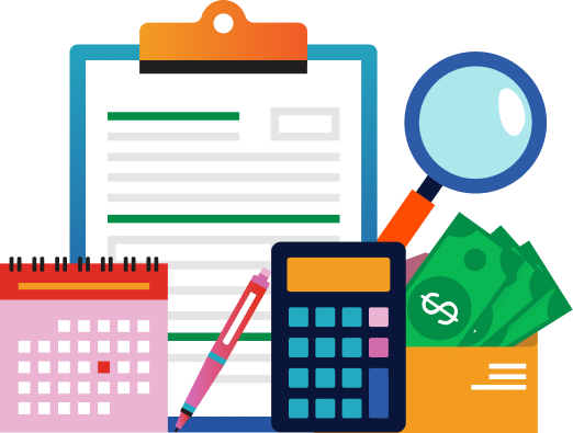 Illustration of a clipboard with paper, a calendar, a pen, a calculator, a magnifying glass, and cash in an envelope, representing financial or business planning.
