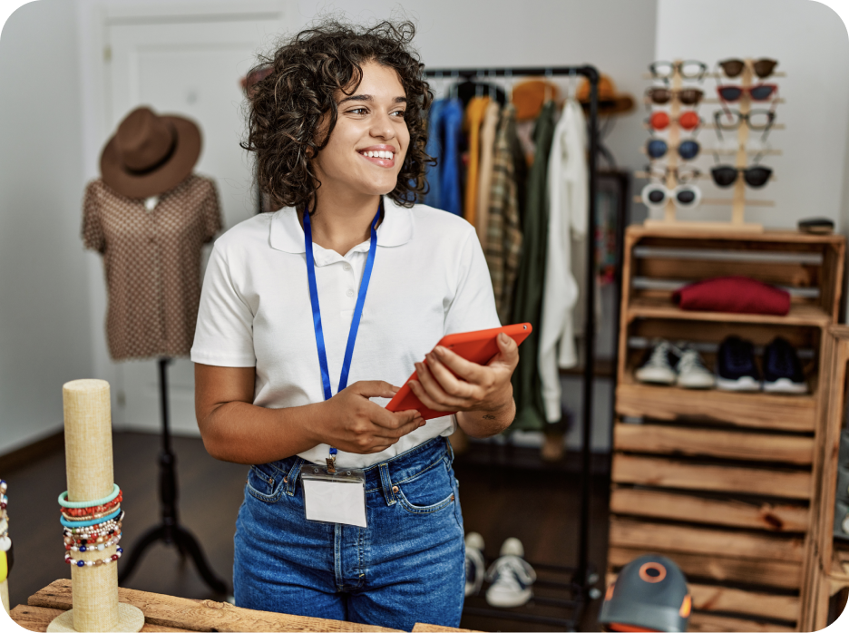 A retail worker wearing a name badge and holding a tablet stands in a clothing and accessories store, with racks and shelves of merchandise in the background.