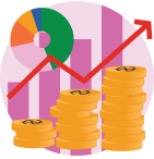 Illustration of stacked coins, a rising red arrow, a pie chart, and bar graphs representing financial growth and positive economic trends.