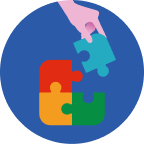 A hand places a blue puzzle piece next to three connected puzzle pieces—red, yellow, and green—on a blue circular background.