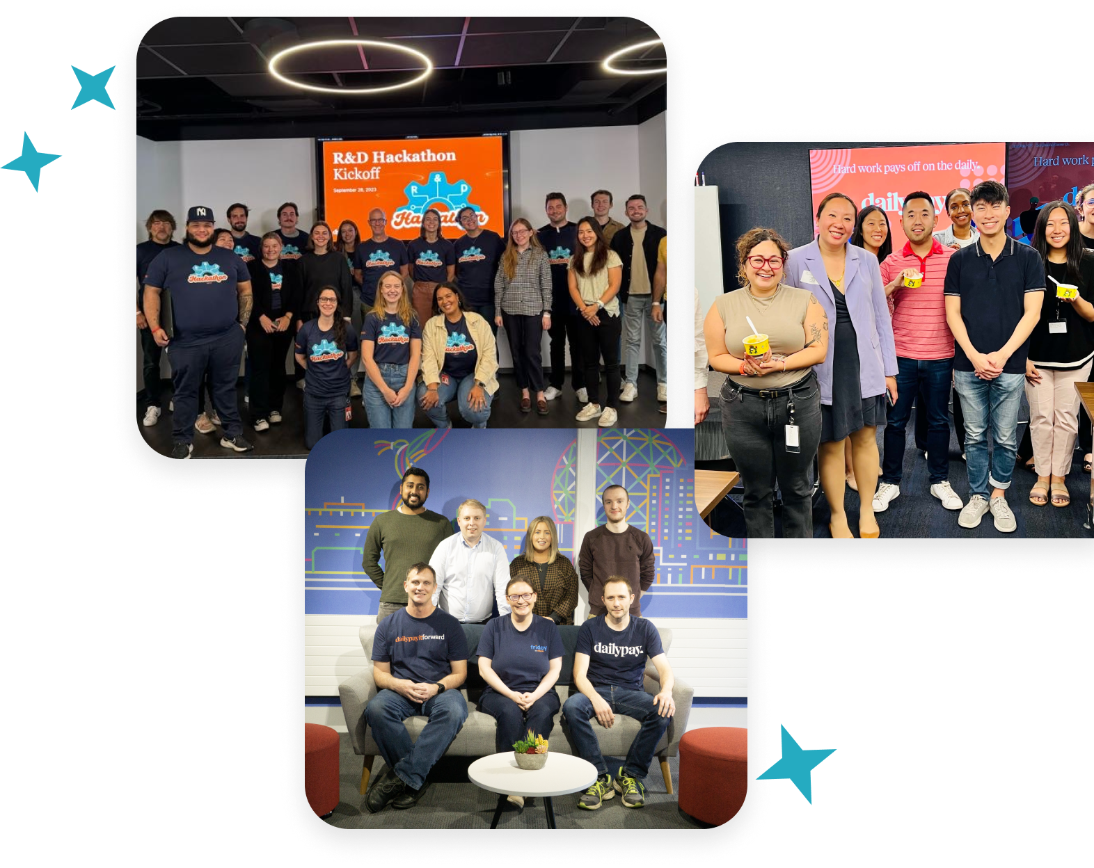 Three photos show groups of people at an R&D Hackathon event. The top image features a group posing, the bottom left shows four seated in front, and the bottom right depicts another group standing together.