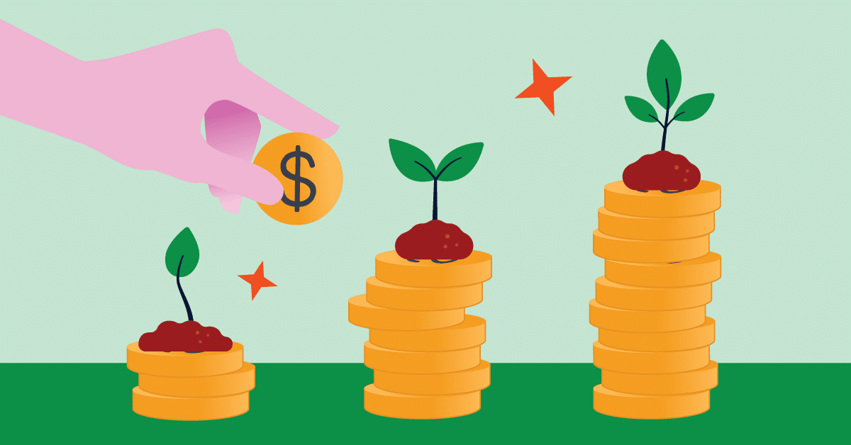 A hand places a coin with a dollar sign next to stacks of coins with plant sprouts growing on top, symbolizing financial growth.
