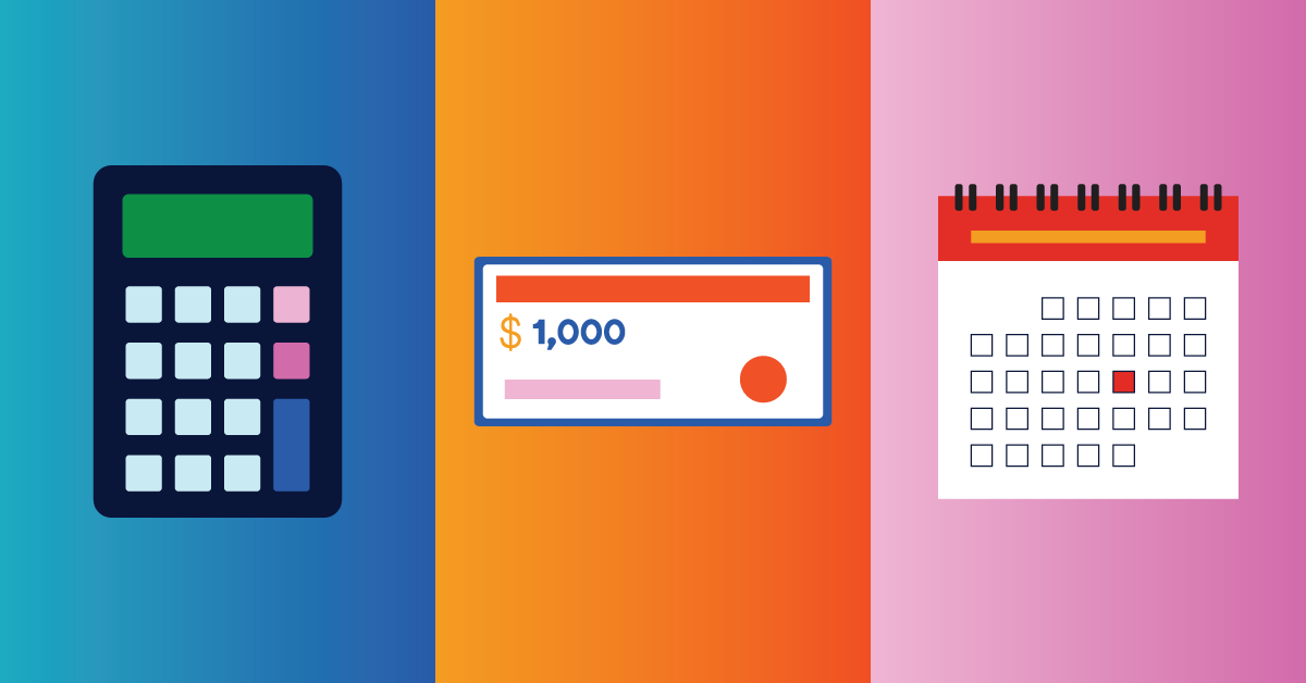 An illustrated image showing a calculator, a check for $1,000, and a calendar with a highlighted date indicates the timely arrival of a paycheck advance.