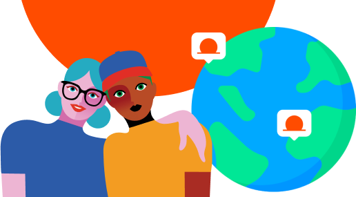 Illustration of two people with their heads together, one wearing glasses and the other a cap, beside a globe with communication icons.