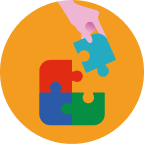 A hand places a blue puzzle piece into a group of three connected puzzle pieces—red, green, and blue—on an orange circular background.