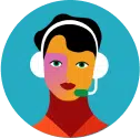 Illustration of a person wearing a headset with a microphone. The background is blue, and the person's face is designed with various bright colors.
