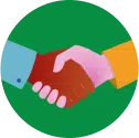 Illustration of a handshake between two people, one in a blue sleeve and the other in an orange sleeve, set against a green circular background.