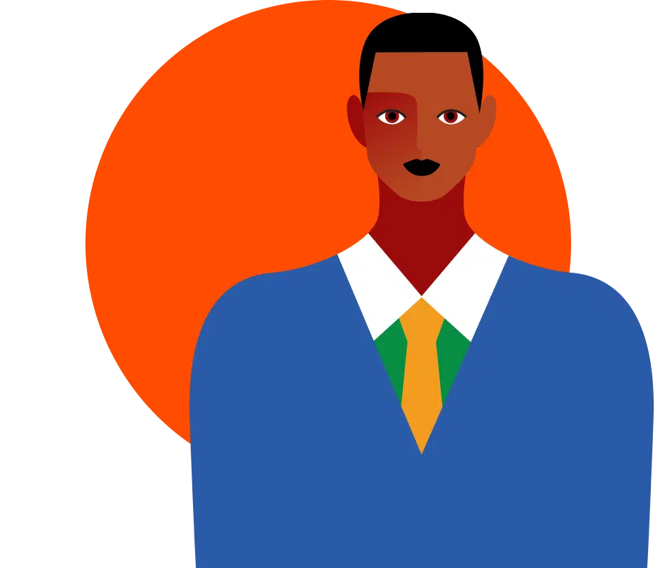 Illustration of a person with a deep skin tone wearing a blue suit, white shirt, and yellow tie, standing in front of a large, orange circle on a green background.